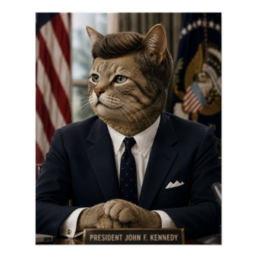 JFK 猫の肖像画 | おもしろい大統領の猫アート ポスター (正面)