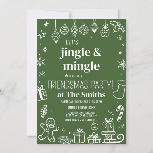JingleとMingleの手で描かれたクリスマスパーティー 招待状 (正面)