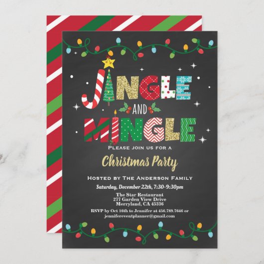 JingleとMingleクリスマスパーティーブラックと金ゴールド 招待状 (正面/裏面)