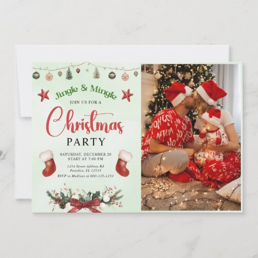 JingleとMingleストッキングクリスマスパーティー写真 招待状 (正面)