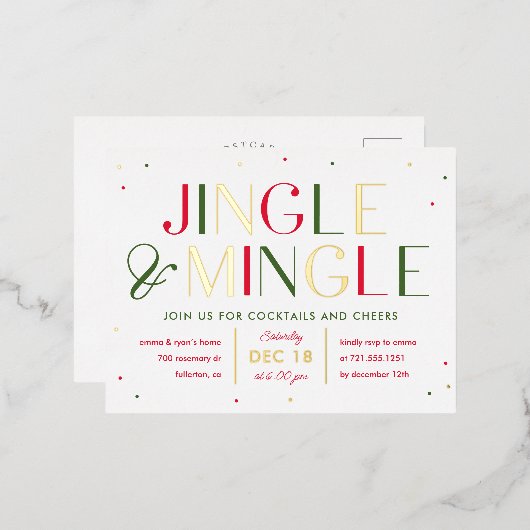 JingleとMingle Foilクリスマスパーティーはがき 箔招待状ポストカード (正面/裏面)
