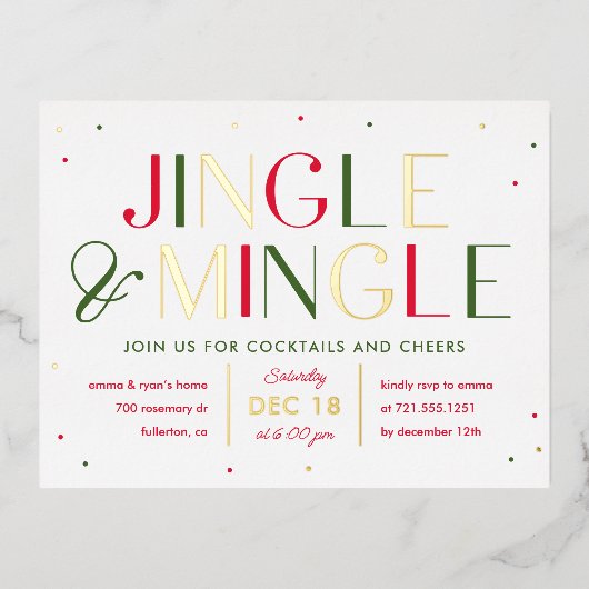 JingleとMingle Foilクリスマスパーティーはがき 箔招待状ポストカード (正面)
