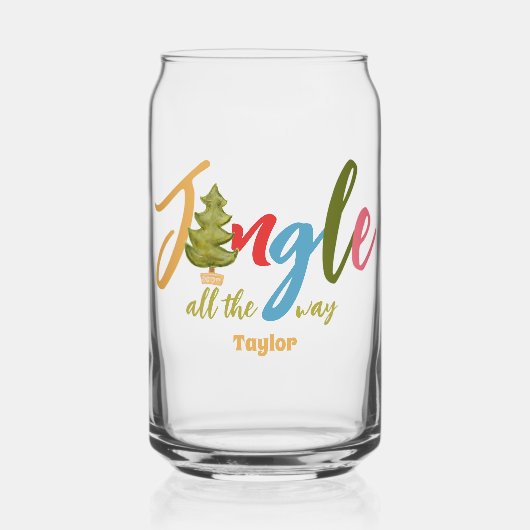 Jingleクリスマスツリーカラフルタイポグラフィ名おもしろい ガラス缶 (正面)