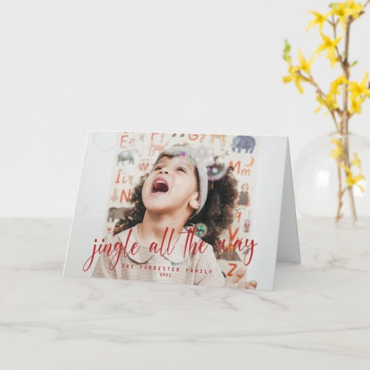 Jingle All Way赤いスクリプト2フォトホリデーカード カード (黄色い花)