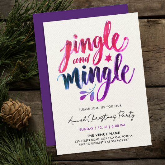 Jingle And Mingle モダン パープル ピンク ブラシ スクリプト 招待状