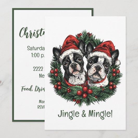 Jingle And Mingle Christmas Boston Terrier Dogs 招待状 (正面/裏面)