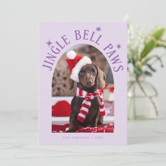 Jingle Bell Paws Dog写真薄紫クリスマス シーズンカード (スタンド正面)