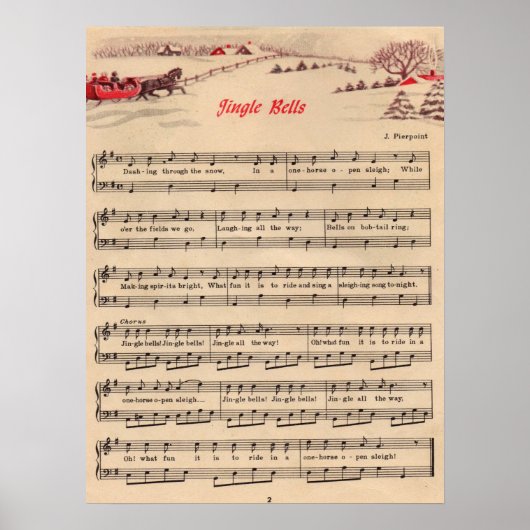 Jingle Bells Christmas Vintage Sheet Music ポスター (正面)