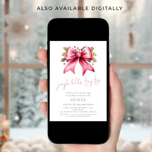 Jingle Bells Tiny Toes Pink Bow Xmas Baby Shower 招待状