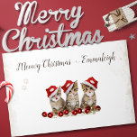 Jingle Cats Meowy パーソナライズされた Christmas 薄葉紙<br><div class="desc">赤い小妖精や小人の帽子をかぶった3匹の可愛らしい子猫が赤いオーナメントでポーズを取り、このデザインをトータルに可愛らしめる。子猫のパーソナライズされた真上で挨拶して。白い背景縁どに雪が積み、上角に小さな前足が二つ離れ印刷される。</div>