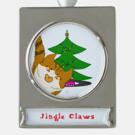Jingle Claws Cat & Tree Holiday Ornament シルバープレートバナーオーナメント