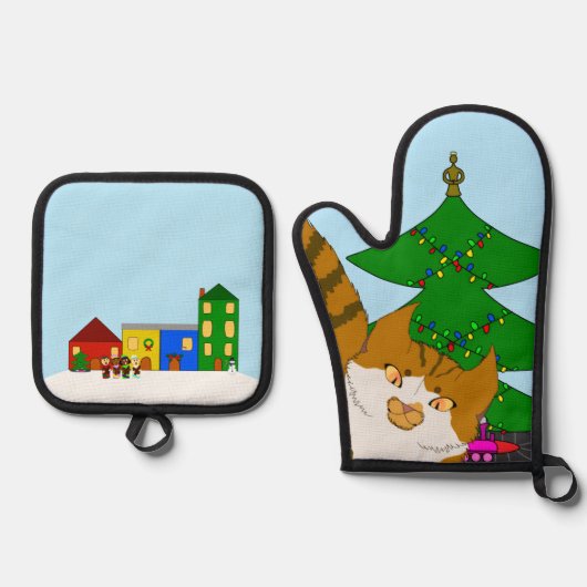 Jingle Claws Fun Holiday Kitchen Set Potholders 鍋つかみ&鍋敷きセット (正面)