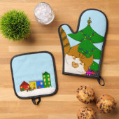 Jingle Claws Fun Holiday Kitchen Set Potholders 鍋つかみ&鍋敷きセット (トップダウン)