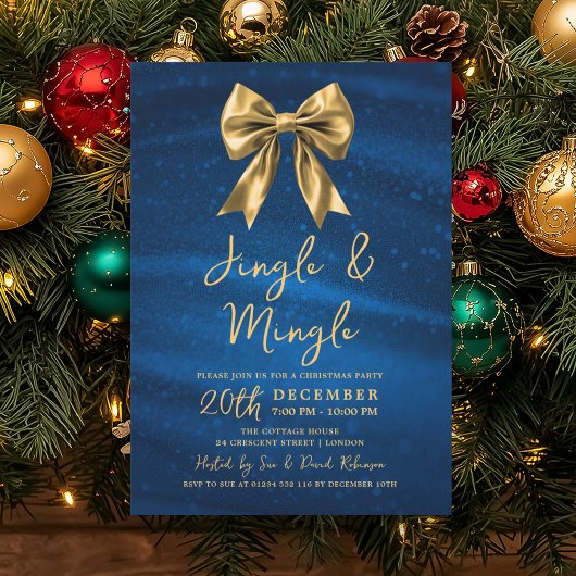 Jingle Mingle Christmas Gold Bow Silver Blue 招待状