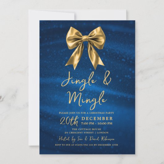 Jingle Mingle Christmas Gold Bow Silver Blue 招待状 (正面)