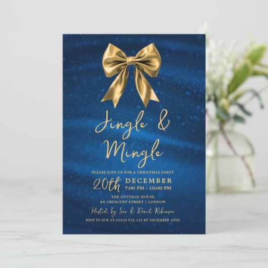 Jingle Mingle Christmas Gold Bow Silver Blue 招待状 (スタンド正面)