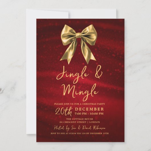 Jingle Mingle Christmas Party Gold Bow Silver Red 招待状 (正面)