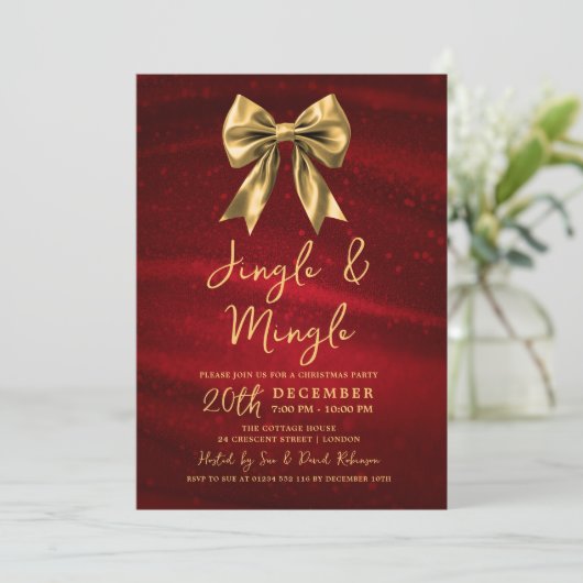 Jingle Mingle Christmas Party Gold Bow Silver Red 招待状 (スタンド正面)