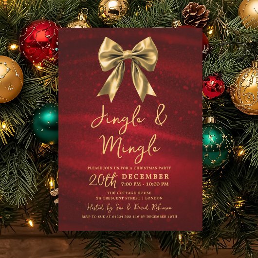 Jingle Mingle Christmas Party Gold Bow Silver Red 招待状