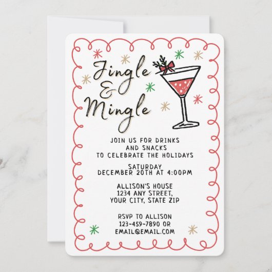 Jingle & Mingle Hand Drawn Christmas Holiday Party 招待状 (正面)