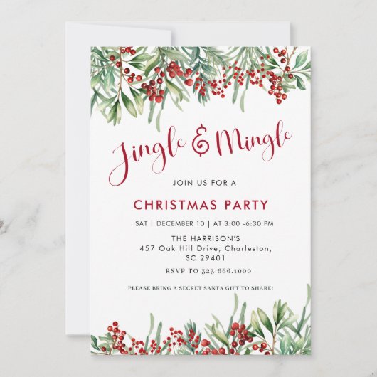 Jingle & Mingle Holiday Greenery Christmas Party 招待状 (正面)