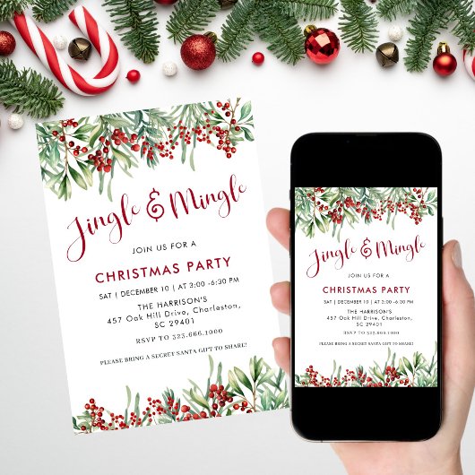 Jingle & Mingle Holiday Greenery Christmas Party 招待状