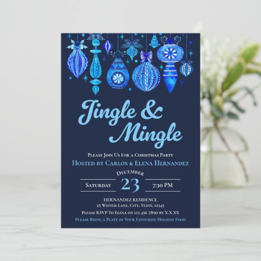 Jingle & Mingle Navyクリスマスバウブルウォーター色 招待状 (スタンド正面)