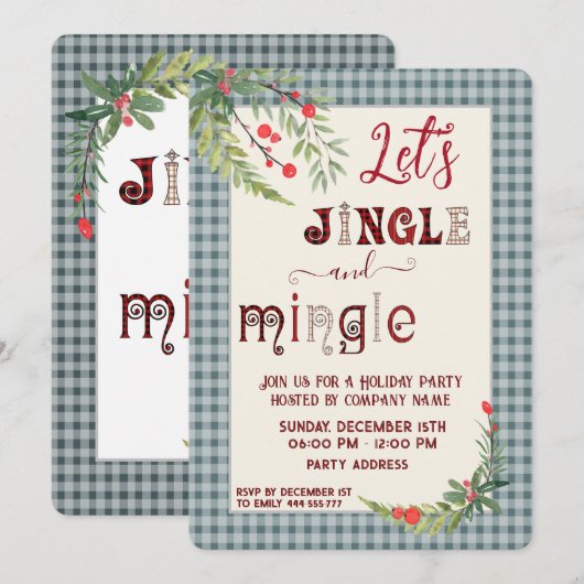Jingle & mingle plaid holiday party 企業の 招待状 (正面/裏面)