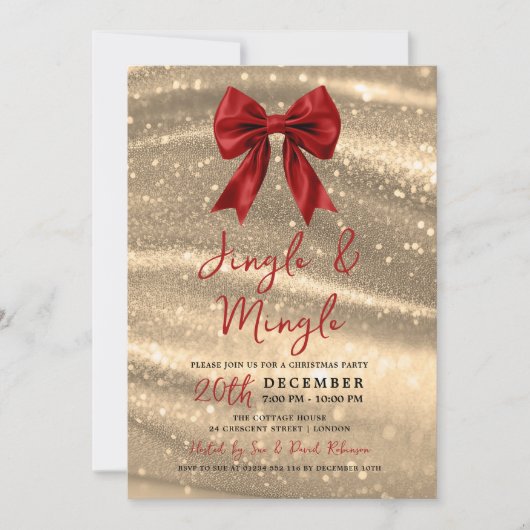 Jingle & Mingle Xmas Party Gold Sparkle Red Bow  招待状 (正面)