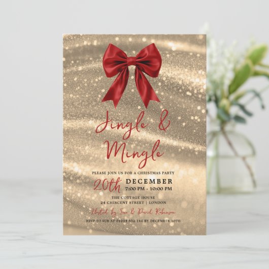 Jingle & Mingle Xmas Party Gold Sparkle Red Bow 招待状 (スタンド正面)