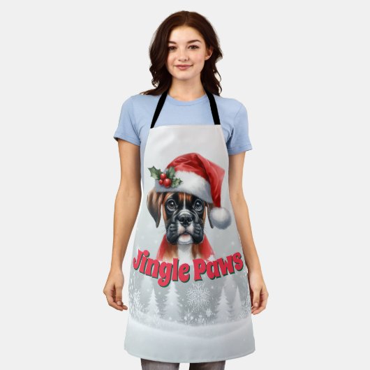 Jingle Paws and Boxer Dog Joy エプロン (着用した状態)