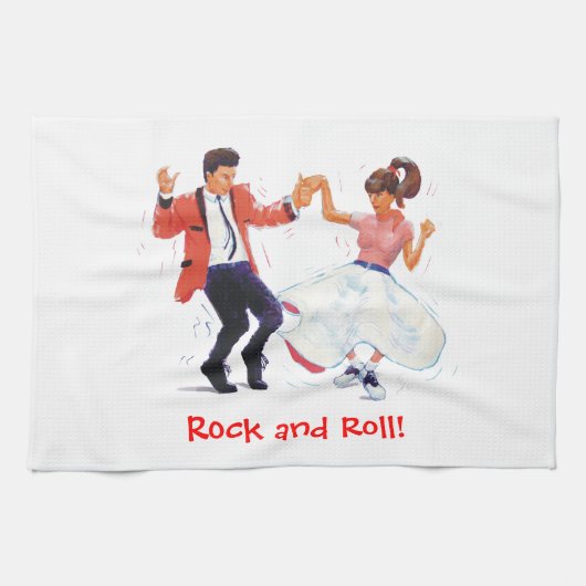 Jiversのクラシックな50年代のロックンロールの踊りの漫画 キッチンタオル (横)