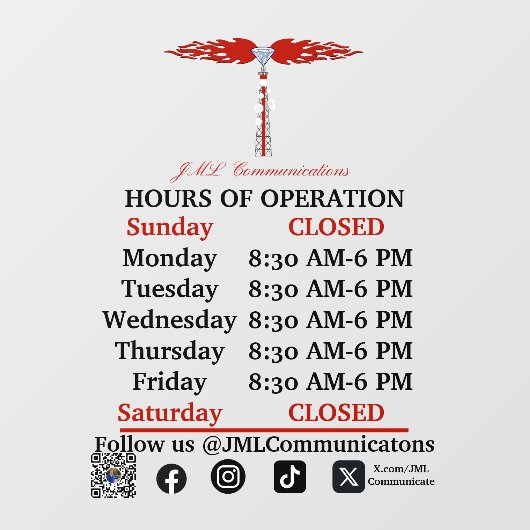 JML Communications Hours of Operation Window Cling ウィンドウサイン (シート)