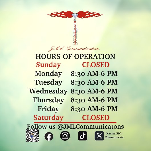 JML Communications Hours of Operation Window Cling ウィンドウサイン (シート3)