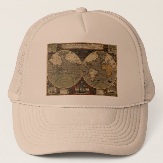 Jodocus Hondius著1595年のヴィンテージの世界地図 キャップ (正面)