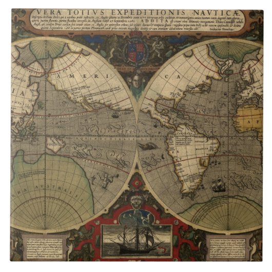Jodocus Hondius著1595年のヴィンテージの世界地図 タイル (正面)
