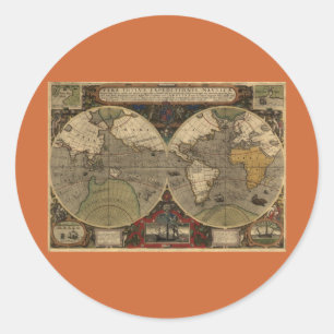 Jodocus Hondius著1595年のヴィンテージの世界地図 ラウンドシール