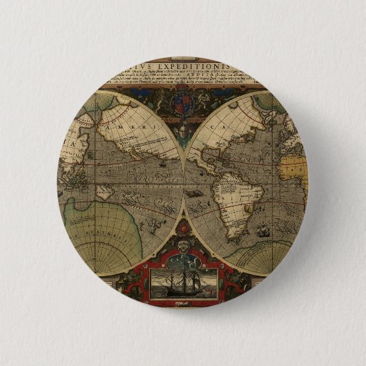 Jodocus Hondius著1595年のヴィンテージの世界地図 缶バッジ (正面)