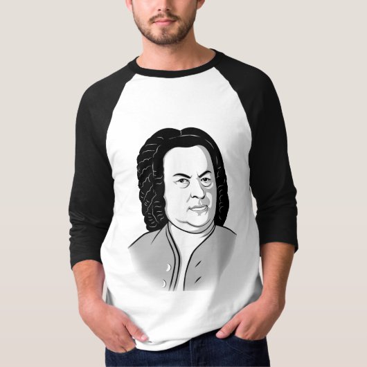 Johann Sebastian Bach Cartoon in schwarz weiß grau Tシャツ (正面)
