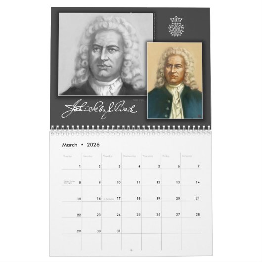 Johann Sebastian Bach - Kalender カレンダー (3月 2026)