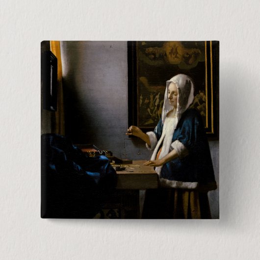 Johannes Vermeer – バランスを保つ女性 缶バッジ (正面)