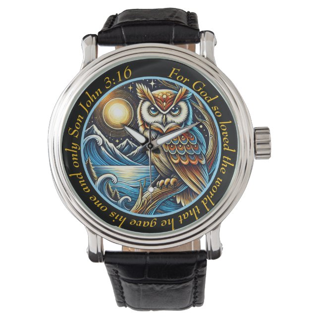 John 3:16 Majestic Owl Timepiece Nature Faith 腕時計 (正面)