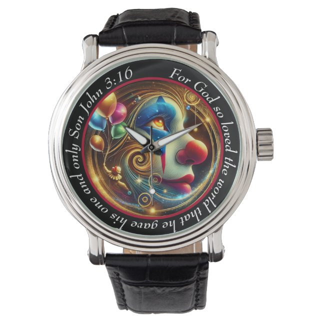 John 3:16 Vibrant Clown Timepiece Joyful Faith 腕時計 (正面)