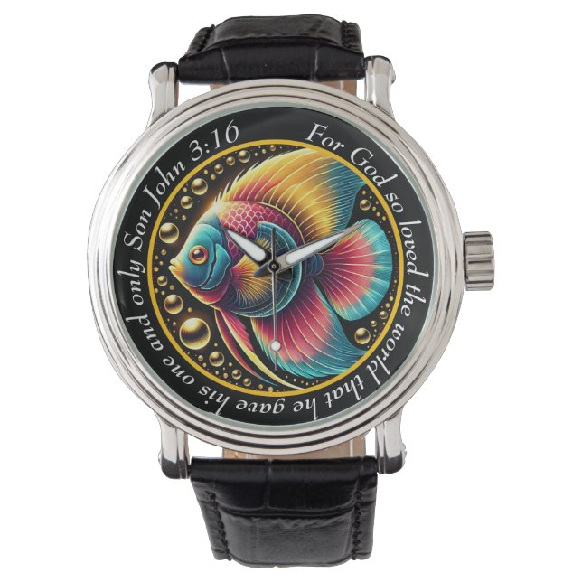 John 3:16 Vibrant Fish Timepiece Ocean Faith 腕時計 (正面)