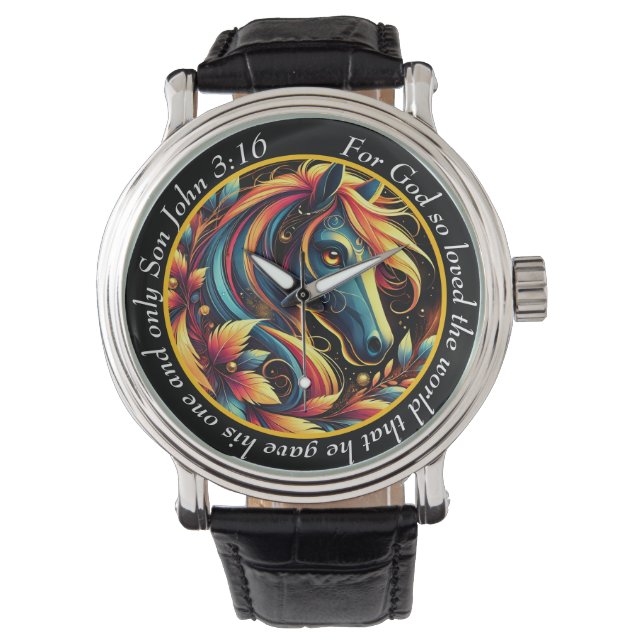 John 3:16 Vibrant Horse Timepiece Nature Faith 腕時計 (正面)