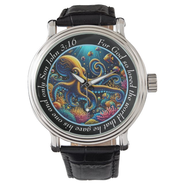 John 3:16 Vibrant Octopus Timepiece Ocean Faith 腕時計 (正面)