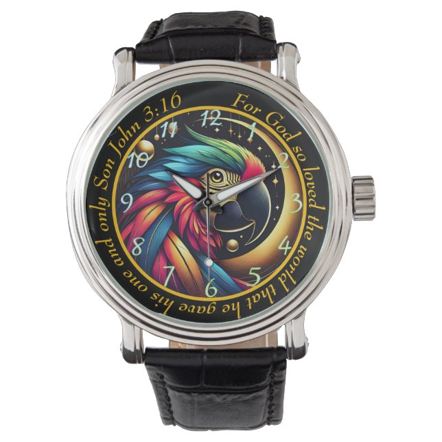 John 3:16 Vibrant Parrot Timepiece Celestial Faith 腕時計 (正面)