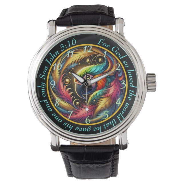 John 3:16 Vibrant Parrot Timepiece Tropical Faith 腕時計 (正面)