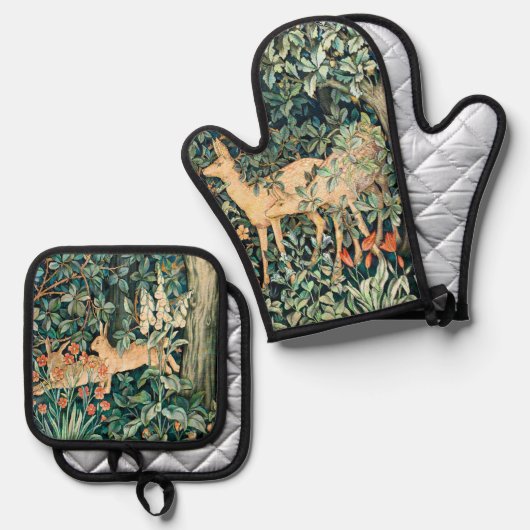 John Dearle "Greenery" Deer & Rabbit Pattern 鍋つかみ&鍋敷きセット (正面/裏面)