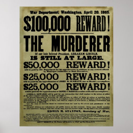 John Wilkes Booth Wanted Poster ポスター (正面)